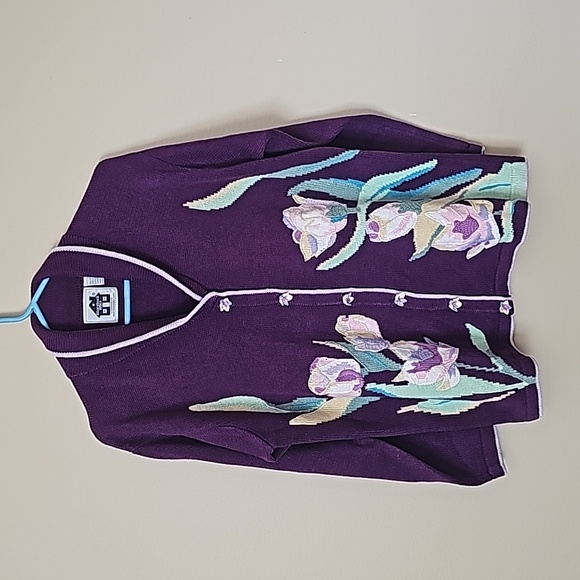 Storybook Knits Sweaters - Storybook Knits Vtg 90's Purple Floral Cardigan Sz L EUC